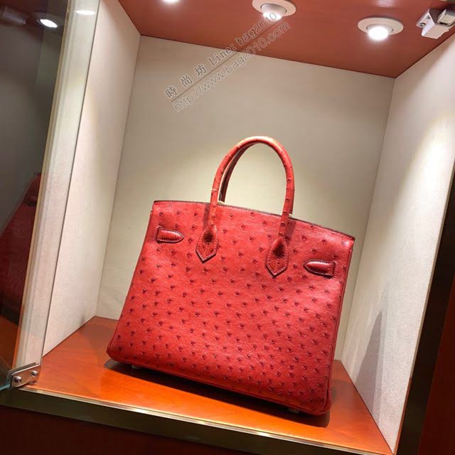 Hermes女包 愛馬仕Birkin30cm Hermes鉑金包 Ostrich鴕鳥皮 全手縫蠟線 Q5 Rouge Casaqbe中國紅  am1905